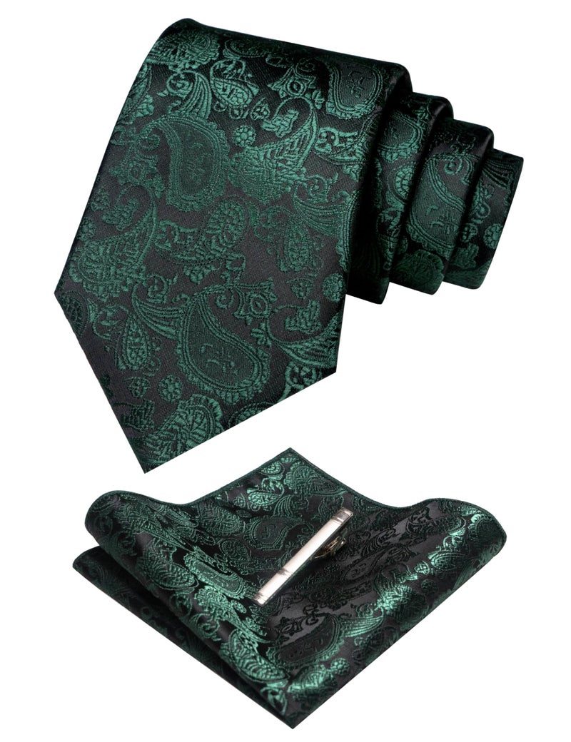JEMYGINS Dark Green Paisley Tie Wedding Business Silk Necktie and Pocket Square, Hankerchief with Tie Clip Sets for Men(7) - Image 2